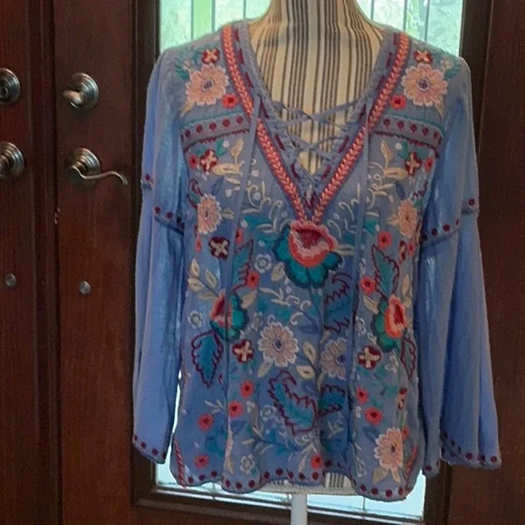Johnny Was Oman Laceup Swing Blouse Embroidered Blue v neck small Top - Picture 6 of 12